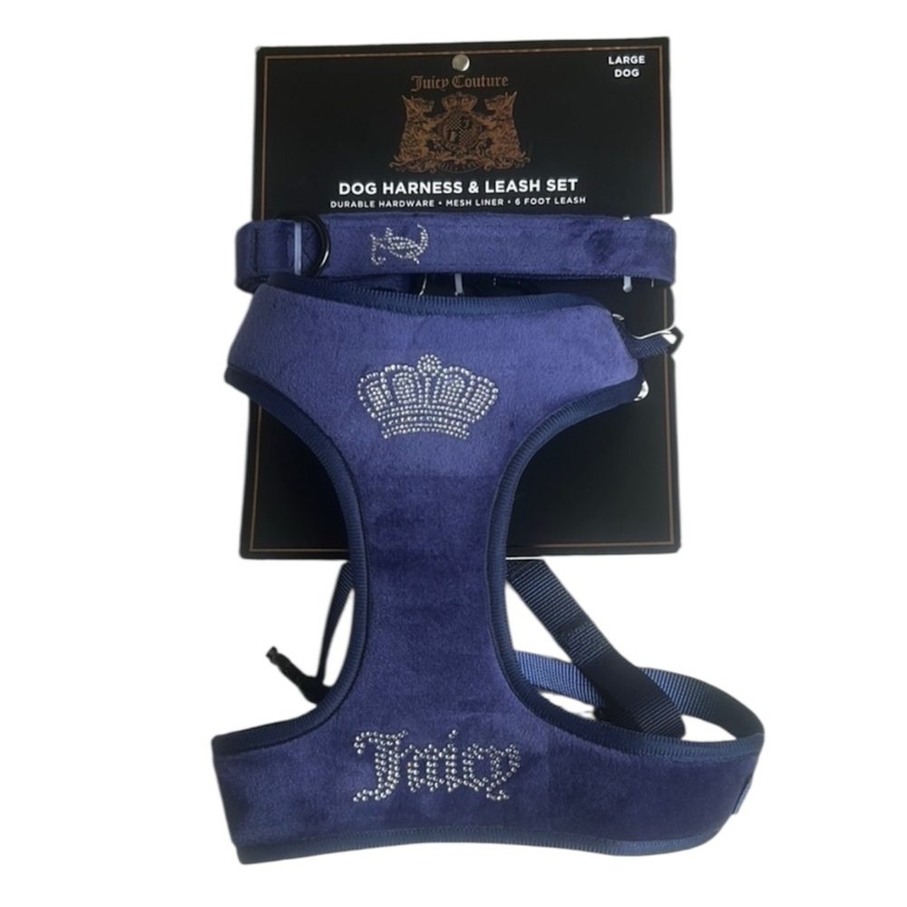 Juicy Couture Velvet Blue Dog Harness and Leash Set